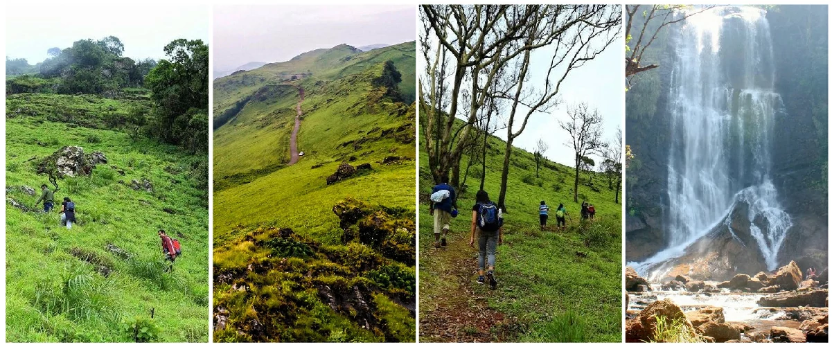 Beautiful hills, mountains & water falls in Chikmagalur with tourists trekking & exploring the places